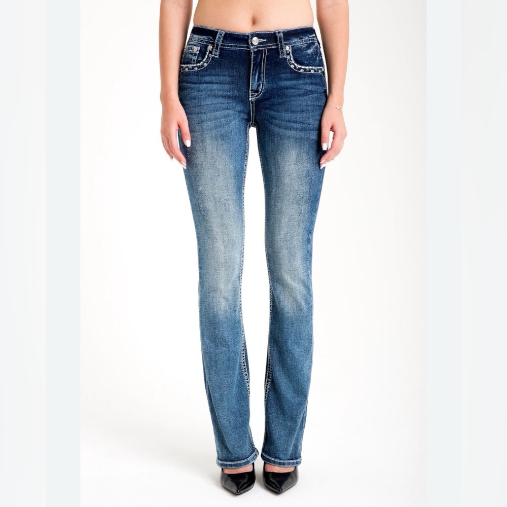 Grace in LA Distressed Medium Blue Bootcut Jeans